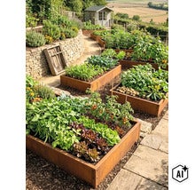 Mehrere rechteckige Hochbeete aus Metall mit Edelrost Patina in einem Gemüsegarten mit Gartenhaus, bepflanzt mit vielfältigem Gemüse und Kräutern. (Image AI modified or generated)
