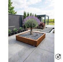 Quadratisches Hochbeet aus Cortenstahl mit einem kugelförmigen Lavendelbaum in einem modernen Garten mit Steinplatten und Zierkies. (Image AI modified or generated)