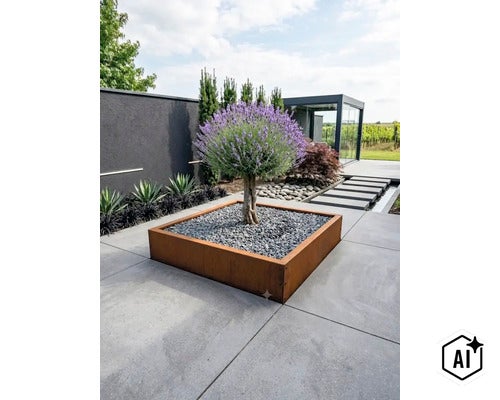 Quadratisches Hochbeet aus Cortenstahl mit einem kugelförmigen Lavendelbaum in einem modernen Garten mit Steinplatten und Zierkies. (Image AI modified or generated)