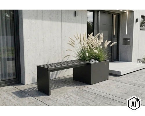 Moderne Gartenbank mit integriertem Pflanzkübel aus Metall vor einer Betonwand im Außenbereich. (Image AI modified or generated)