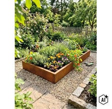 Rechteckiges Hochbeet aus Cortenstahl mit Blumen und Kräutern in einem gepflegten Garten auf einer Kiesfläche. (Image AI modified or generated)