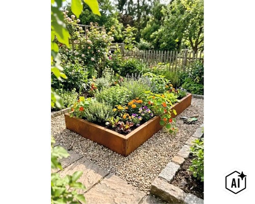 Rechteckiges Hochbeet aus Cortenstahl mit Blumen und Kräutern in einem gepflegten Garten auf einer Kiesfläche. (Image AI modified or generated)