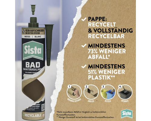 Sista Bad Sanitärsilikon in einer nachhaltigen Kartusche mit bebilderter Gebrauchsanweisung zur Entsorgung und Recyclinginformationen.