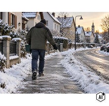 Person streut Streusalz auf einen schneebedeckten Gehweg in einer Wohnstraße. (Image AI modified or generated)