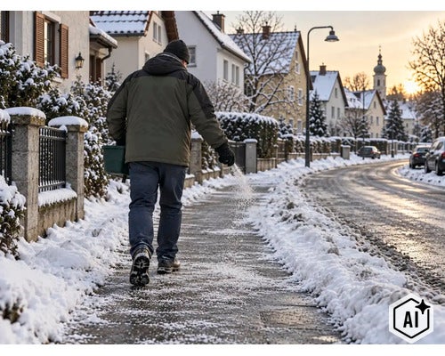 Person streut Streusalz auf einen schneebedeckten Gehweg in einer Wohnstraße. (Image AI modified or generated)
