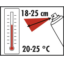 Anwendungshinweise für Sprühdose: Sprühabstand 18 bis 25 Zentimeter, Verarbeitungstemperatur 20 bis 25 Grad Celsius.