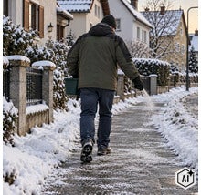 Person streut Streusalz auf einen verschneiten Gehweg vor einem Wohnhaus zur Glatteisbekämpfung. (Image AI modified or generated)
