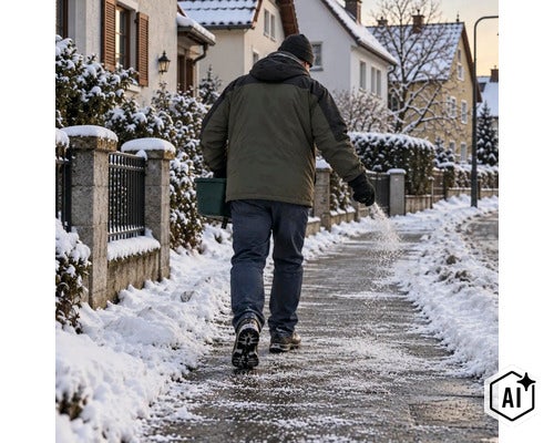 Person streut Streusalz auf einen verschneiten Gehweg vor einem Wohnhaus zur Glatteisbekämpfung. (Image AI modified or generated)