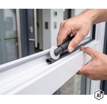 Eine Person nutzt ein Einrollwerkzeug, um eine Gummidichtung in einen Fensterrahmen einzusetzen. (Image AI modified or generated)