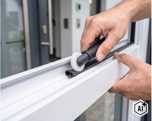 Eine Person nutzt ein Einrollwerkzeug, um eine Gummidichtung in einen Fensterrahmen einzusetzen. (Image AI modified or generated)