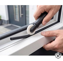 Person verwendet ein Einziehwerkzeug mit einer Rolle, um eine Gummidichtung in den Rahmen eines Fensters zu montieren. (Image AI modified or generated)