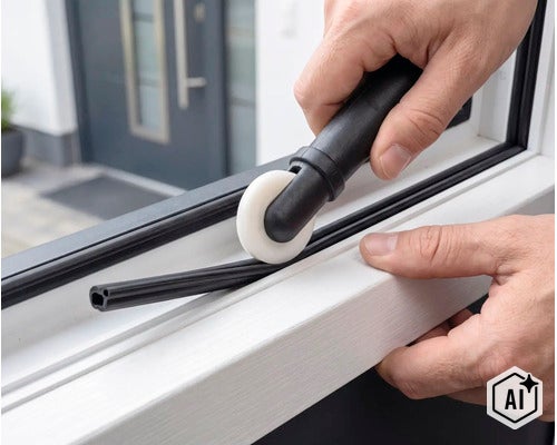 Person verwendet ein Einziehwerkzeug mit einer Rolle, um eine Gummidichtung in den Rahmen eines Fensters zu montieren. (Image AI modified or generated)