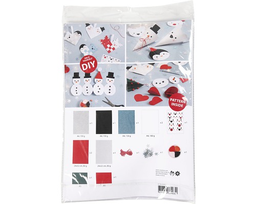 Bastelset mit verschiedenen Filzmaterialien und Mustern zum Basteln von Winterdekorationen.