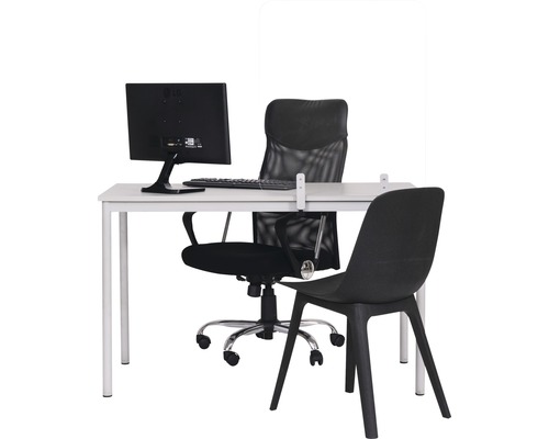 Arbeitsplatz mit Schreibtisch, Bürostuhl, Stuhl und PC-Monitor