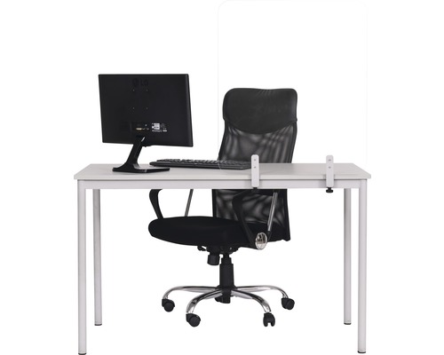 Büroarbeitsplatz mit Schreibtisch, Bürostuhl, Computermonitor, Tastatur und durchsichtigem Schreibtischaufsatz