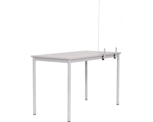 Tisch mit transparentem Tischaufsatz als Spuckschutz