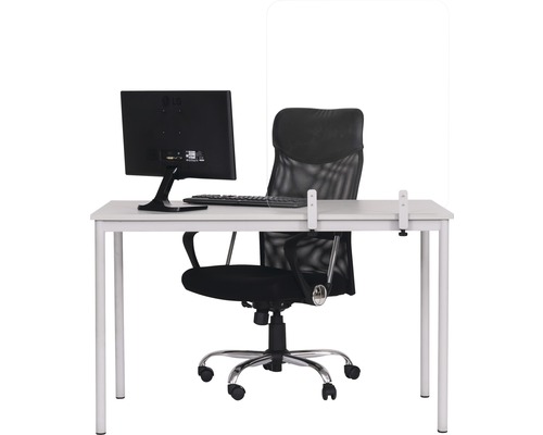 Arbeitsplatz mit Tisch, Bürostuhl, Computer und transparentem Schutz