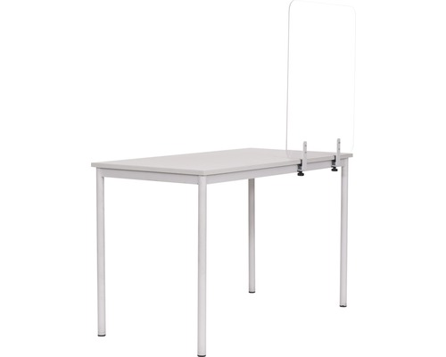 Schreibtisch mit Tischaufsatz aus Acrylglas als Spuckschutz