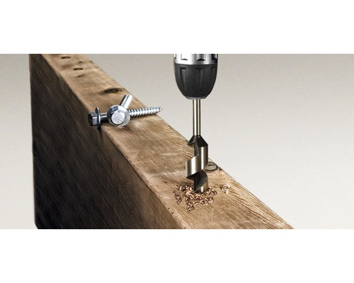 Eine Bohrmaschine bohrt ein Loch in ein Holzbrett, daneben liegen Schrauben.