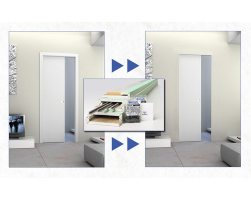 Wohnraum mit eingebauter Schiebetür und dazugehörigen Einbauteilen