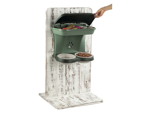 Hundefutterbar mit Futter und Zubehör aufbewahrt in Ablage.