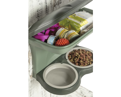 Wandmontierter Futterautomat für Haustiere mit Behälter für Tiernahrung, Leine und Spielzeug