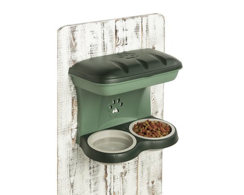 Automatischer Futterspender für Hunde mit zwei Näpfen zur Wandmontage.
