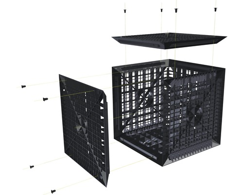 Explosionszeichnung eines modularen Regenspeichersystems mit Deckel und einer Seitenwand