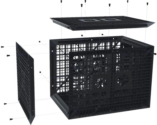 Explosionsdarstellung eines schwarzen Pflanzbehälters mit Deckel und Seitenwand