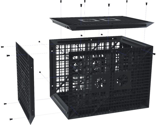 Explosionsdarstellung eines schwarzen Kunststoff-Pflanzkastens mit Gitterstruktur und Deckel