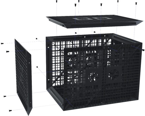 Explosionszeichnung eines schwarzen Kunststoff-Pflanzkastens mit abnehmbarem Deckel und Befestigungselementen.