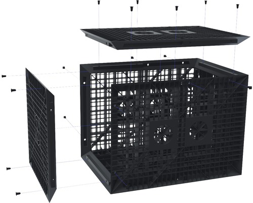 Explosionszeichnung eines Gitterrahmens mit Deckel und Seitenwand