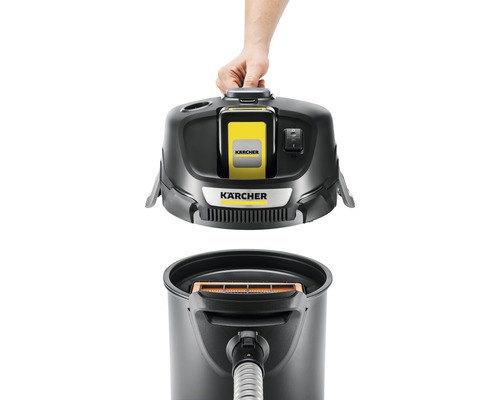 Kärcher Logo auf einem Akku-Staubsauger, der in zwei Teile zerlegt ist