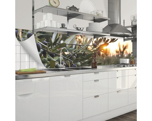 Küchenrückwand mit Olivenmotiv in moderner Küche