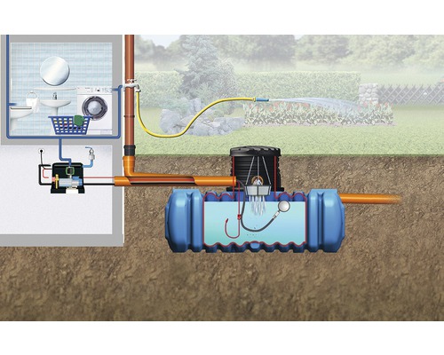 Illustration einer Regenwassernutzungsanlage mit Hausinstallation und Gartenbewässerung