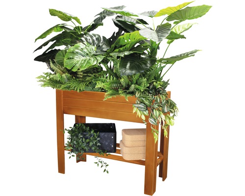 Hochbeet aus Holz mit Pflanzen und Ablagefläche