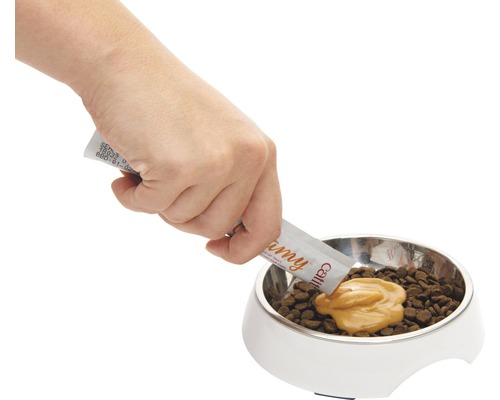 Hand gibt cremige Katzenleckerei in Futternapf