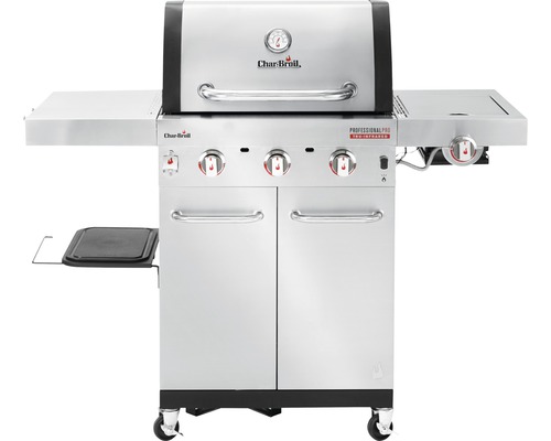 Char Broil Gasgrill mit drei Brennern, Seitenkocher und Seitenablage.