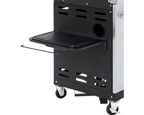 Detailansicht eines Grillwagens mit Ablagefläche und Rädern