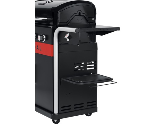 Detailansicht eines schwarzen Gasgrills mit Seitenablage und Flaschenöffner