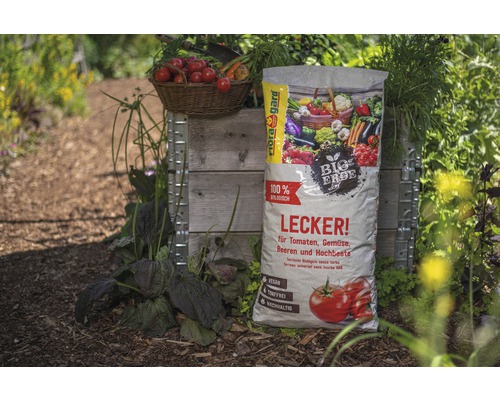 Floragard Bio-Erde Sack im Gartenbeet neben einem Korb mit Tomaten