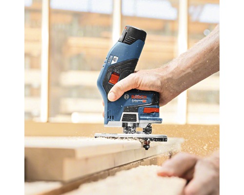 Bosch Logo. Handhobel beim Bearbeiten von Holz.