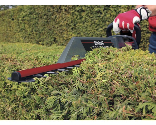 Eine Person schneidet eine Hecke mit einer Heckenschere der Marke Einhell.
