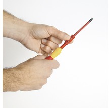 Eine Person hält einen Schraubendreher in der Hand.