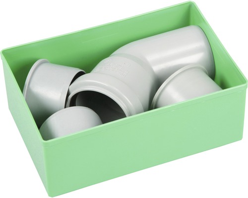 Abwasserrohre und Endkappen in einer grünen Box