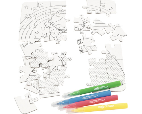 Unvollständiges Puzzle mit Märchenmotiv und vier Stiften