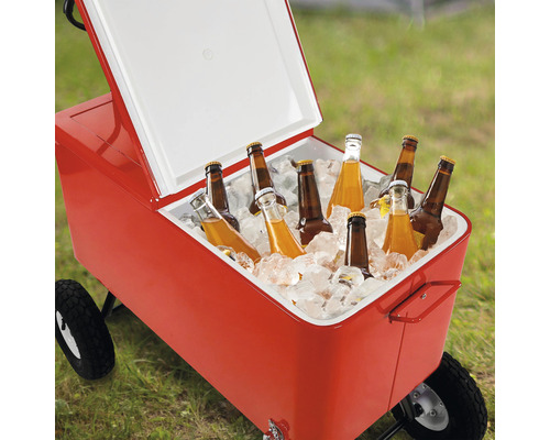 Roter Kühlwagen mit Eis und Getränkeflaschen