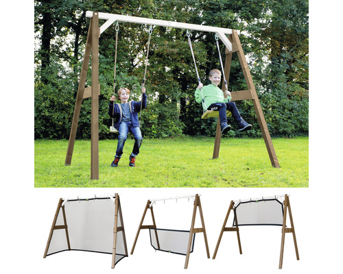 Holzschaukel mit zwei Kindern und verschiedenen Zubehörteilen für den Garten