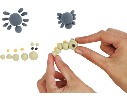 Illustration mit Modellierton: Darstellung von Schritten zur Herstellung einer Raupe, zusätzlich Darstellung einer Spinne.