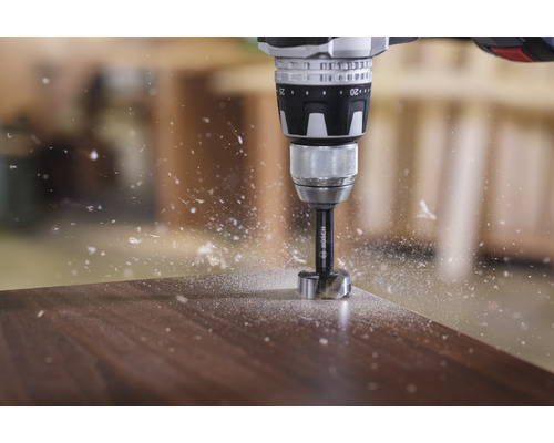 Akkubohrer mit Forstnerbohrer bohrt in Holz mit Spänen